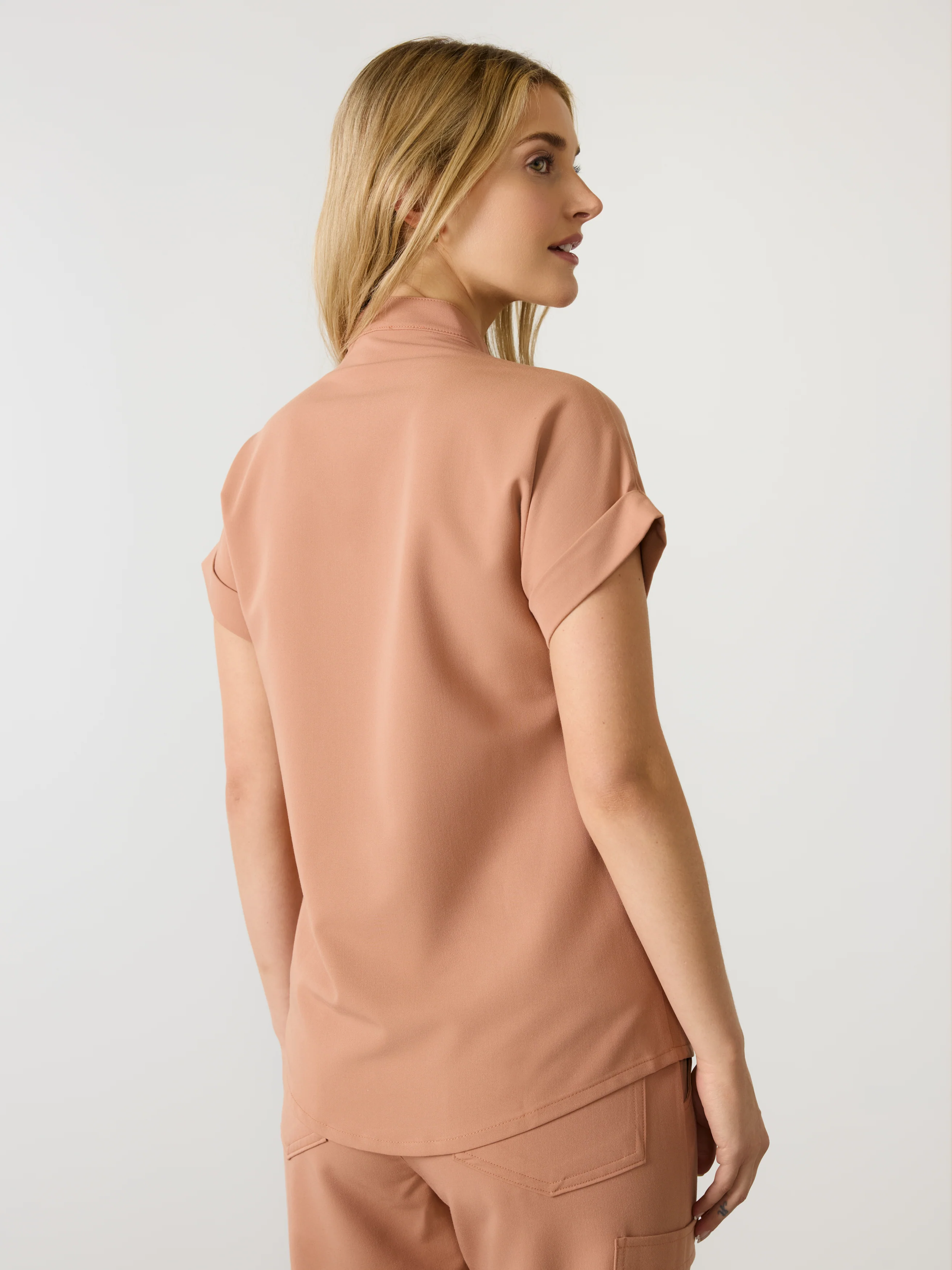 CHARLIE RE-GARDE™ - MOCHA - Mandarine Collar Scrub Top - SILVADUR™ - Image 3
